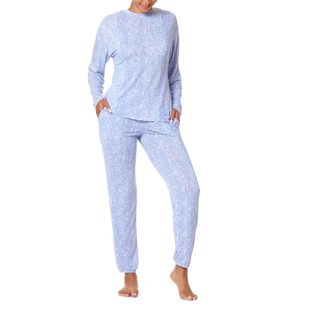 Hue Women's Faded Leopard Long Sleeve Jogger Pj Set Persian Jewel